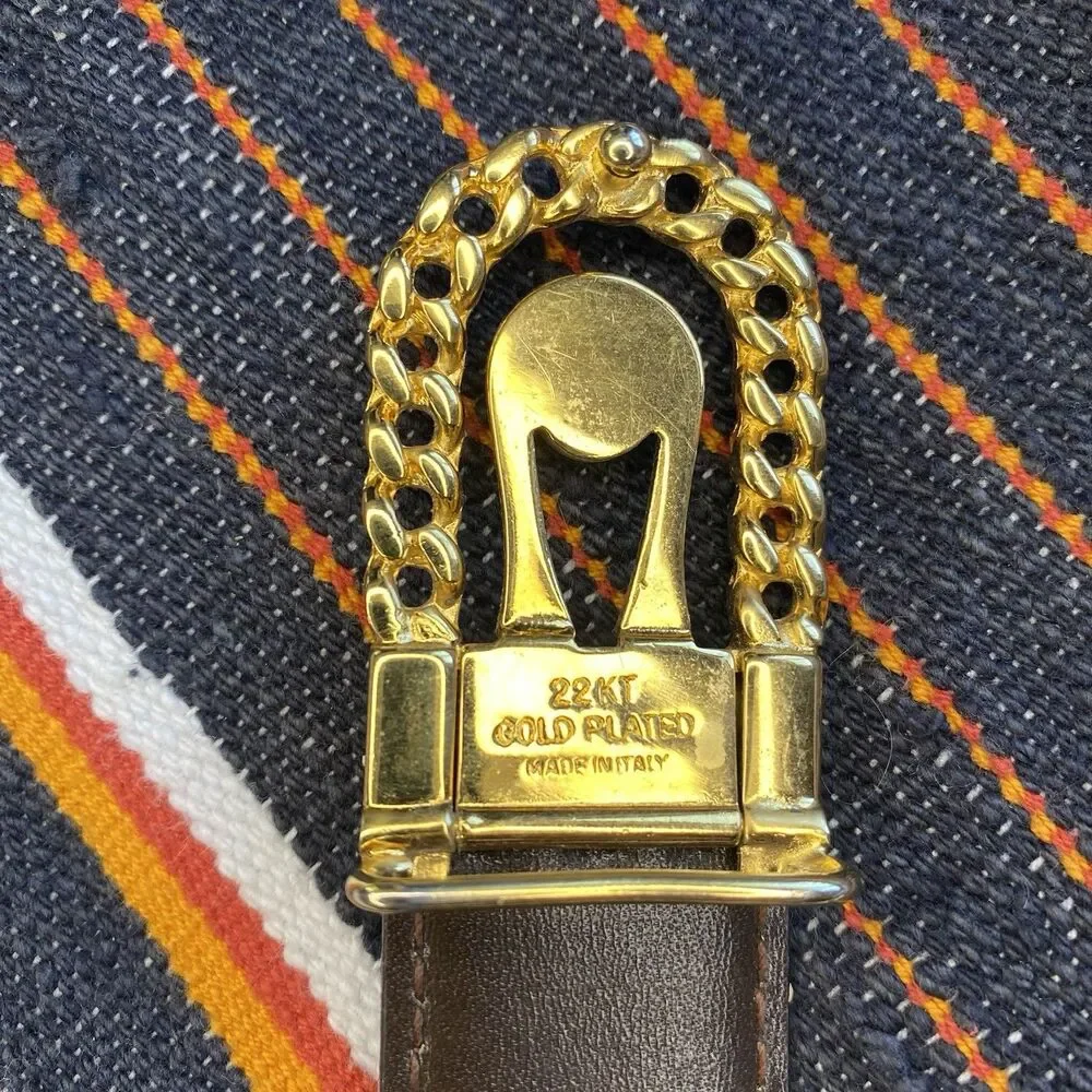Vintage Caggiano 22k Gold Plated Leather Belt. Reversible. Push Center. Italy.